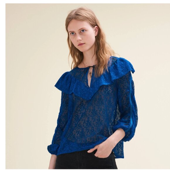Maje Navy Ruffle Yolk Lace Blouse 3/4 Sleeve - Picture 1 of 9